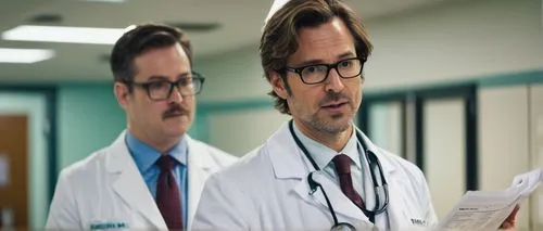 Doctor, Roo, male, 30s, messy brown hair, thick black glasses, white coat, stethoscope around neck, holding medical chart, standing, hospital corridor, bright fluorescent lights, rows of patient rooms