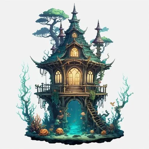 witch's house,fairy house,wishing well,witch house,fairy chimney,house of the sea,Illustration,Abstract Fantasy,Abstract Fantasy 11