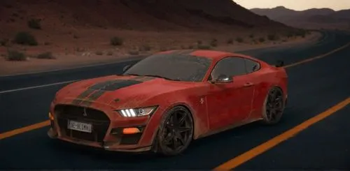 Abandoned desert highway, dry heat, unreal engine, realistic, ,a red mustang driving on a road with mountains in the background,cliffjumper,3d car wallpaper,ironhide,zagato,redtop,red motor,ecoboost,n