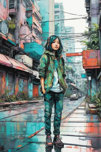 taipei,hanoi,hong kong,tokyo,bangkok,cyberpunk,taiwan,shanghai,urban,kowloon,teal blue asia,vietnam,jakarta,world digital painting,graffiti art,asia,hk,colorful city,osaka,tokyo city,Illustration,Realistic Fantasy,Realistic Fantasy 23