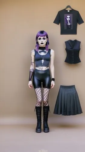 Paper doll 2d cartoon goth purple haired girl in black sleeveless shirt , black spandex shorts, complete full length fishnet and black goth knee Boots, standing surrounded by with a set of goth fashio