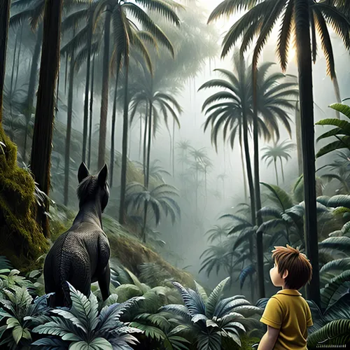 Style realistic ,forest animals,boy and dog,woodland animals,children's background,tropical animals,forest animal,hunting scene,rain forest,jungle,rainforest,tropical jungle,animal world,palm forest,t