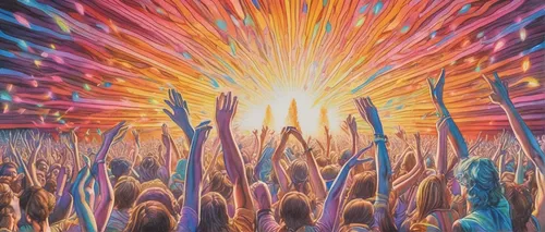 In a psychedelic music festival, a trailblazing 70's icon electrifies the crowd with their mind-bending performance.,fireworks art,pentecost,concert crowd,music festival,fireworks background,pyrotechn