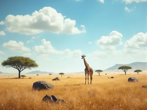 Savanna environment, warm sunny day, endless grasslands, acacia trees scattered, few rocks and boulders, a giraffe roaming freely, blue sky with white puffy clouds, 3/4 composition, low angle shot, so