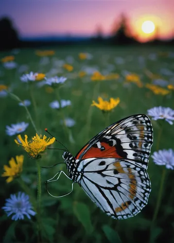 Write a poetic description of a solitary butterfly dancing in a meadow at sunset.,butterfly background,ulysses butterfly,euphydryas,butterfly isolated,melanargia,butterfly on a flower,hesperia (butter