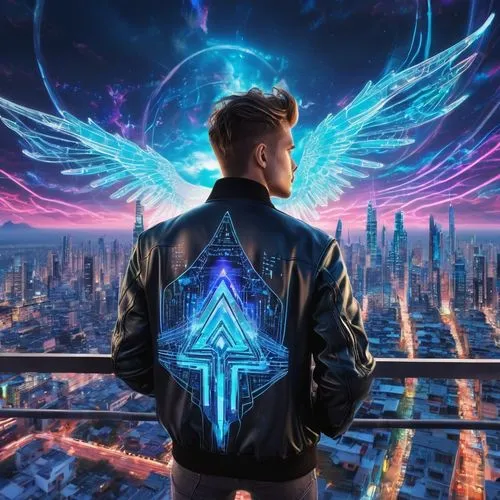 jacket,ascension,astral traveler,prophet,cyberpunk,would a background,cg artwork,the fan's background,artifact,pyro,futuristic,tesla,alpha era,believer,archangel,owl background,electric,hd wallpaper,background image,bolero jacket,Illustration,Realistic Fantasy,Realistic Fantasy 20