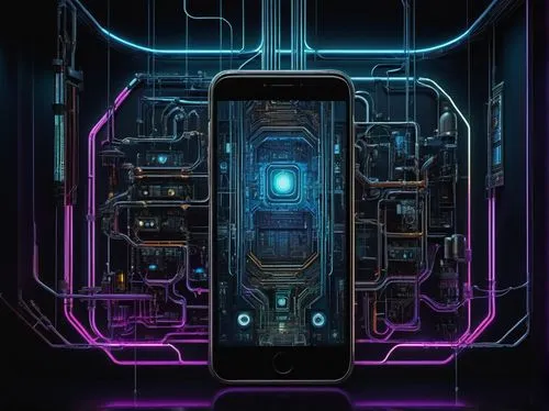 Mobile app architecture, modern futuristic design, sleek lines, metallic frames, glowing screens, intricate circuitry, motherboard patterns, robotic arms, futuristic laboratory, neon lights, dark back