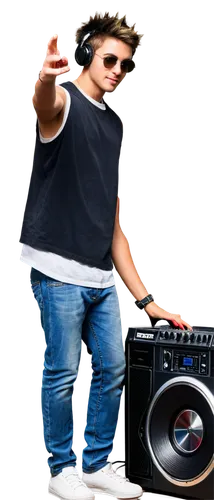 DJ, male, young adult, cool sunglasses, short spiky hair, stylish headphones, sleeveless shirt, jeans, sneakers, mixing console, turntables, vinyl records, flashing lights, dynamic pose, one hand on d