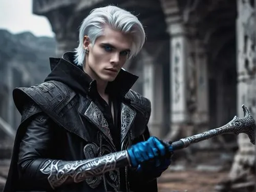 Ezra Quin, mysterious mage, solo, (25yo), striking blue eyes, sharp jawline, short white hair, intricate tattoos on arms, dark leather gloves, billowy black coat, silver trim, crimson lining, holding 