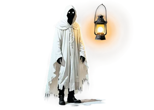 fantasma,obatala,street lantern,ghost,cloaked,acolyte,occultist,light bearer,cultist,the nun,ghosananda,cloak,hajjarian,lamplighter,searchlamp,hastur,vigil,apparant,moonman,myrddin,Illustration,Japanese style,Japanese Style 06