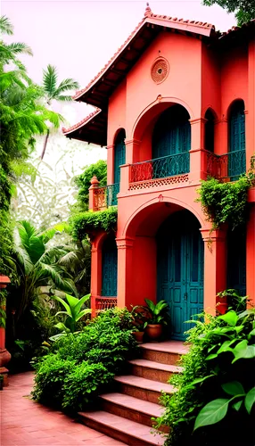 Houses, India, traditional, colorful, intricate carvings, ornate balconies, arched windows, vibrant doors, tile roofs, stucco walls, lush greenery, tropical plants, warm lighting, soft focus, 3/4 comp