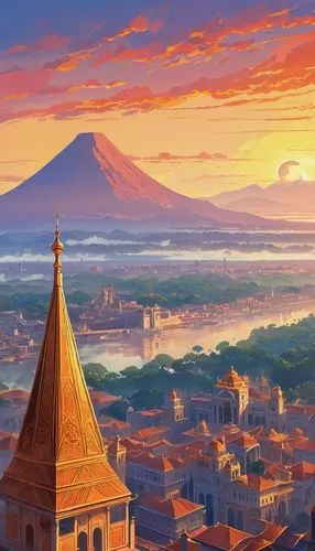 darjeeling,fuji,skyline,world digital painting,mount fuji,stratovolcanoes,seregil,yazaki,french digital background,mt fuji,ararat,japan landscape,cityscape,roof domes,ancient city,colorful city,city skyline,tahoma,ghibli,saitou,Illustration,Japanese style,Japanese Style 06