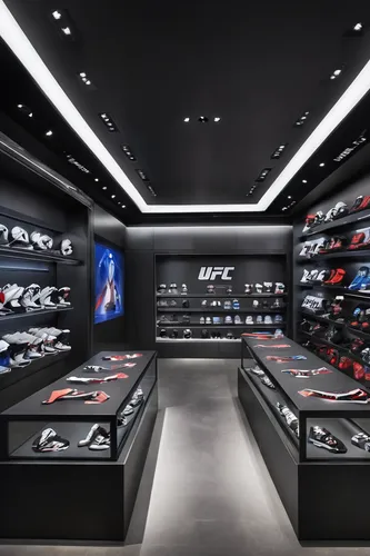 Imagine a futuristic UFC store in a bustling metropolis,walk-in closet,shoe store,sports wall,shoe cabinet,showroom,paris shops,the shop,precision sports,store front,display case,closet,product displa