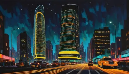 cybercity,skyscrapers,futuristic landscape,cybertown,city at night,urban towers,cityscape,highrises,skylstad,sky city,metropolis,fantasy city,skyline,high rises,coruscant,international towers,guangzhou,capcities,dubai,ciudad,Art,Artistic Painting,Artistic Painting 25