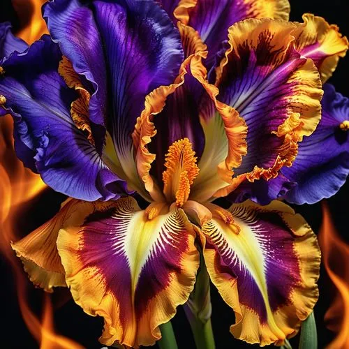 Fire portrait of a bearded Iris: digital art 8K resolution beautiful colorful curling flickering, spiraling illuminating fantastical iridescent hyperdetailed magnificent,fire flower,flame flower,fire 