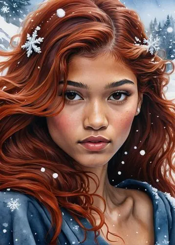 (zendaya:1.4) painting of a woman with long red hair, snowy moor, by Arabella Rankine, among the ravens, deep emotions, storybook style inspired by John Eyre, messy haircut, housewife, blue dress, red