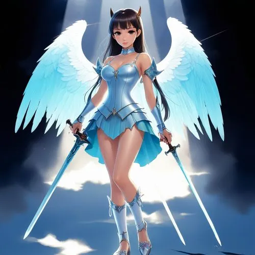 angel female with blue costume and sword by sky,angel girl,satsuki,cyberangels,angel,goddess of justice,mabinogi