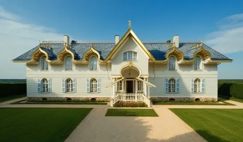 Manor in Russian style. The walls are blue. Gray roof. There is a Russian forest around.,large white house with blue roofing surrounded by greenery,chateau,chateau margaux,chateaux,bendemeer estates,p