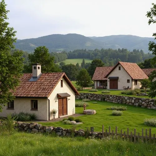 Rustic rural homes, earthy brown roofs, weathered wooden fences, lush green meadows, wildflower fields, serene countryside views, rolling hills, natural stone walls, vintage metal gates, distressed wo