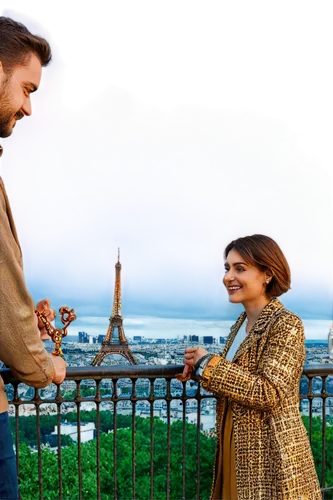 Eiffel Tower, Paris, romantic evening, soft golden lighting, warm glow, iron lattice structure, intricate details, tourists taking photos, smiling faces, holding hands, love locks on railing, cityscap