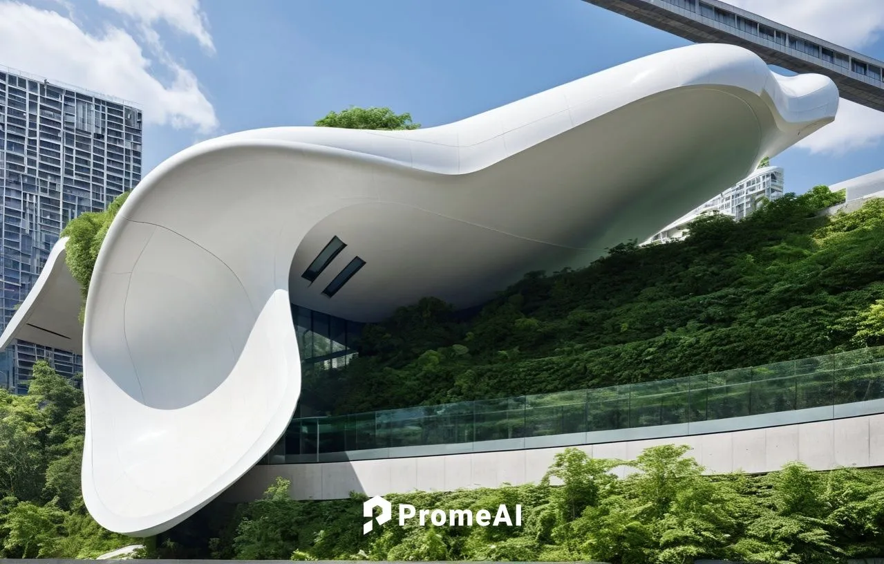 an artistic looking building with a large sculpture on the side,futuristic art museum,futuristic architecture,safdie,maglev,dentsu,skyrail,Photography,General,Realistic