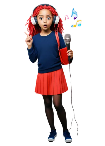 Cartoon character, funny expression, colorful hair, big eyes, red nose, wearing headphones, holding a microphone, standing in front of musical notes, bright background, vibrant colors, 3/4 composition