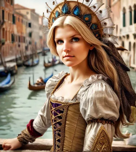 the carnival of venice,venetia,hallia venezia,venetian,girl in a historic way,venezia,the blonde in the river,fantasy art,princess anna,venice,fantasy portrait,fantasy picture,gondolier,celtic queen,the sea maid,girl on the river,girl on the boat,world digital painting,della,lacerta