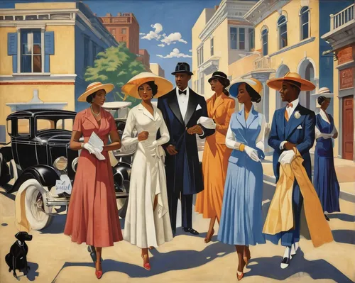 1920s,jack roosevelt robinson,vintage illustration,1920's,juneteenth,1940 women,twenties women,twenties of the twentieth century,roaring twenties,beautiful african american women,vintage art,david bates,seven citizens of the country,grant wood,street scene,group of people,the victorian era,black women,sewing silhouettes,vintage fashion,Illustration,Realistic Fantasy,Realistic Fantasy 21