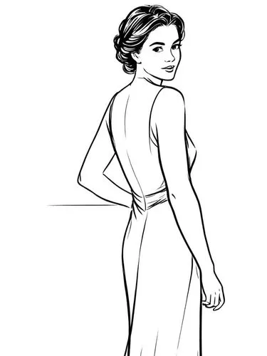 rotoscoped,girl in a long dress from the back,bandeau,shoulder length,eveningwear,strutted,Design Sketch,Design Sketch,Rough Outline