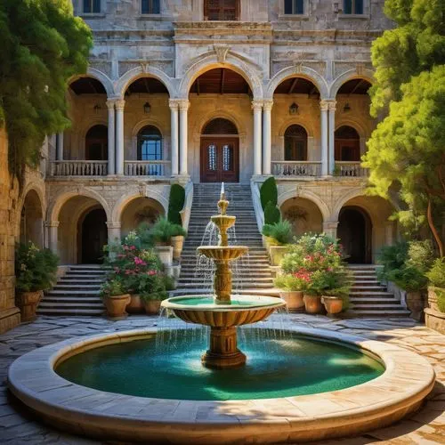 Rhodes architecture, grandiose palace, ornate details, white marble columns, intricately carved stone walls, stained glass windows, majestic entrance, sweeping staircases, lush green gardens, fountain