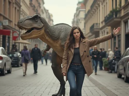 Девочка выгуливает транозавра т рекса в центре москвы,a woman riding a fake t - rex walking down a street,kritosaurus,gigantoraptor,stegosaurs,hrdinova,mesozoic,coelurus