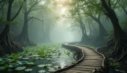 wooden path,forest path,the mystical path,tree top path,wooden bridge,pathway,tree lined path,hiking path,the path,flooded pathway,wooden track,green forest,path,nature wallpaper,tropical forest,rainforests,the way of nature,forest landscape,swamps,amazonia,Photography,General,Realistic