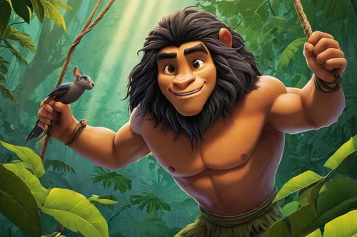 tarzan,mowgli,monkey island,the law of the jungle,disney character,king of the jungle,hercules,bonobo,male character,aladha,moana,polynesian,forest king lion,shaka,cave man,jungle,animal kingdom,bushmeat,ape,tamborim,Illustration,Realistic Fantasy,Realistic Fantasy 05