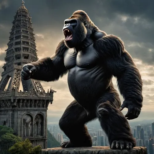 King Kong, silverback gorilla, standing on a tower, roaring, fist raised, digital art,king kong,kong,gorilla,silverback,ape,great apes,orang utan,primate,marvel of peru,gorilla soldier,cougnou,war mon