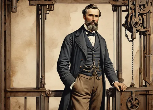 inventor, Elisha Otis, elevator, safety brake system, standing pose, confident expression, 19th-century clothing, industrial background, gears, pulleys, steel cables, workshop, soft lighting, close-up