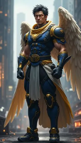 Full-body character design of a man with Egyptian features, hawk-like golden eyes, and short, dark hair. Wears a modern military uniform in shades of blue and gold, with wings that can manifest or ret