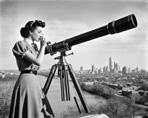 Grayscale photography of observation telescope overlooking city riverbank,spotting scope,mercury transit,jane russell-female,astronomer,theodolite,rear window,telescope,surveying,surveyor,jean simmons