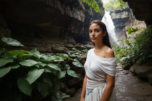 full body portrait, (a beautiful latin woman), in white rags, wide hips, thick thighs, in ellora caves, professional photography, Documental photography, fine details, shot with a Zeiss Otus 55 mm len