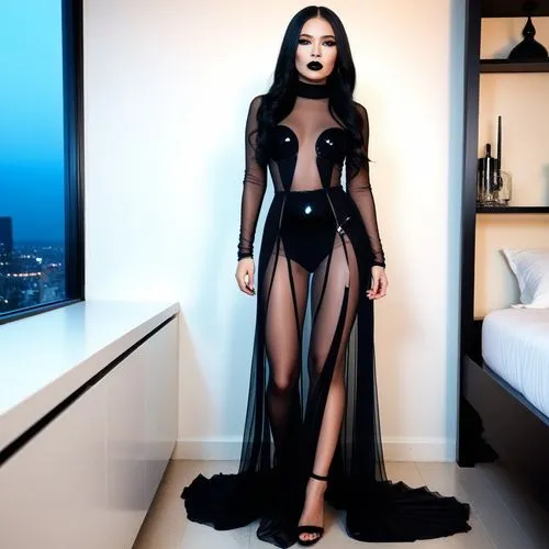 transparent, tight, thick plastic, long sleeve Maxi dress, black lipstick, black eyeliner, black eyeshadow, at night in a modern room
,a person in a black outfit standing near a window,pvc,lumidee,nah