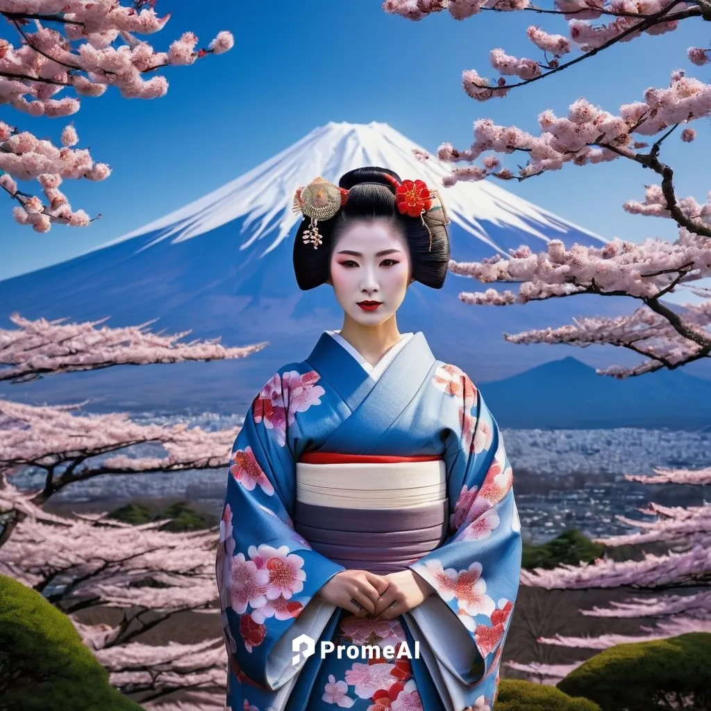 japanese geisha, front view, in japanese traditinal landscape, chgerry blossoms, mount Fuji in far background, realistic photography,maiko,geiko,geisha girl,geisha,japanese woman,geishas,japanese saku