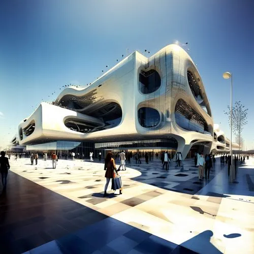 Exterior, Shopping mall, Zaha hadid, generative pattern,a futuristic building with large white columns and people walking around,morphosis,futuristic art museum,dongdaemun,futuristic architecture,futu