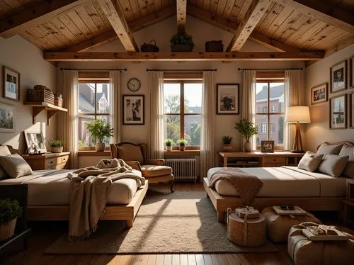 loft,attic,livingroom,rustic aesthetic,living room,sunroom,coziness,roominess,rustic,wooden beams,home interior,coziest,great room,3d rendering,sitting room,interiors,wooden windows,indoor,cozier,modern room