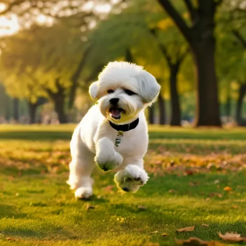 a small white dog runs through a field,dog running,running dog,bichon,huichon,dog playing,havanese