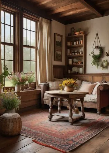 wooden beams,country cottage,inglenook,rustic,sunroom,sitting room,barnwood,country house,wooden windows,rustic aesthetic,dining room table,antique furniture,danish room,hardwood floors,wooden floor,antique table,hovnanian,stickley,family room,home interior,Art,Classical Oil Painting,Classical Oil Painting 07