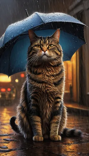 rain cats and dogs,raindops,heavy rain,raining,rain protection,protection from rain,rainy weather,rainy day,rainy season,street cat,rainy,thunderstorm mood,cat sparrow,rain,walking in the rain,rainstorm,brolly,in the rain,cat image,american bobtail,Illustration,Realistic Fantasy,Realistic Fantasy 32