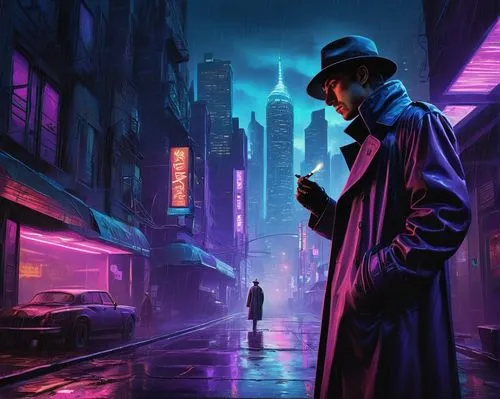 cyberpunk,black city,pandemic,film noir,detective,sci fiction illustration,cityscape,ultraviolet,blind alley,dystopian,investigator,the pandemic,overcoat,dystopia,man with umbrella,game illustration,purple wallpaper,mute,mafia,vapor,Illustration,Children,Children 03