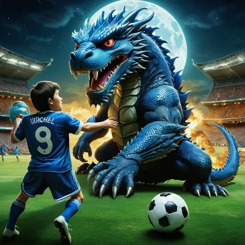 The giant soccer player prepares to face off against the funny  blue dragon with blue eyes its scales shimmering in the moonlight. The dragon's eyes are fixed on the throne,  as the soccer player laun