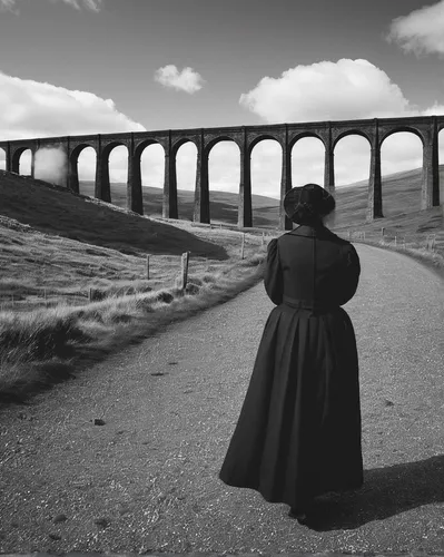 ribblehead viaduct,raven at arches,yorkshire,arches raven,sweeping viaduct,viaduct,ladybower reservoir,wales,angel of the north,olle gill,the girl at the station,northumberland,scotland,whernside,woman walking,girl in a historic way,saltburn,seven sisters,peak district,pilgrimage,Photography,Black and white photography,Black and White Photography 05