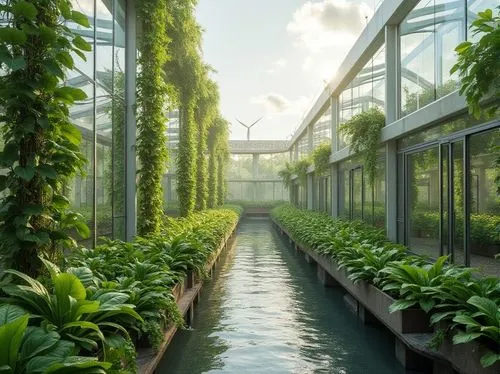 Greenhouse regionalism, sustainable practices, futuristic architecture, transparent glass walls, lush greenery, vines climbing up structures, solar panels, wind turbines, recycled materials, zero-carb