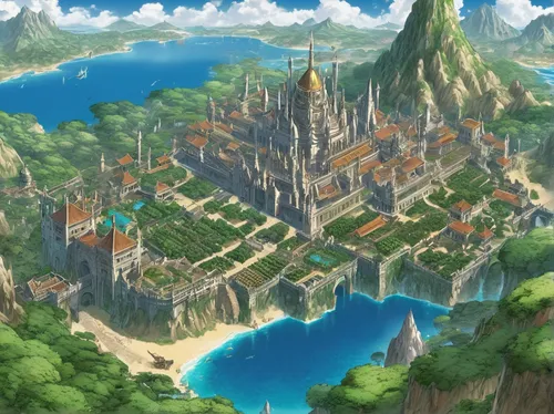 ancient city,knight village,fantasy city,water castle,resort town,aurora village,castel,fantasy world,knight's castle,mountain settlement,meteora,castle of the corvin,new castle,atlantis,fairy tale castle,castle ruins,imperial shores,peninsula,kingdom,spa town,Illustration,Japanese style,Japanese Style 04